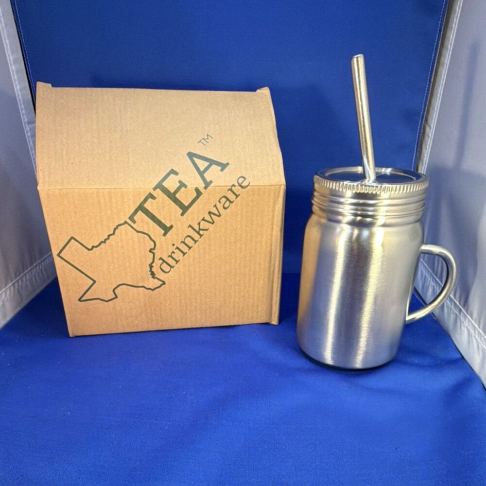 New In Box TEA drinkware Stainless Steel Travel Mug Silver Stainless Steel Straw